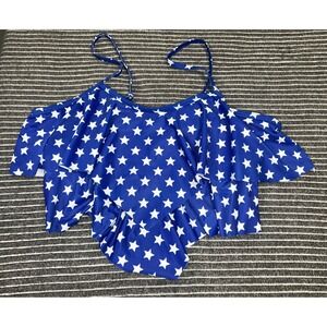 SHEIN Blue White Star Ruffle Flounce Bikini Swim Top Large Adjustable Straps